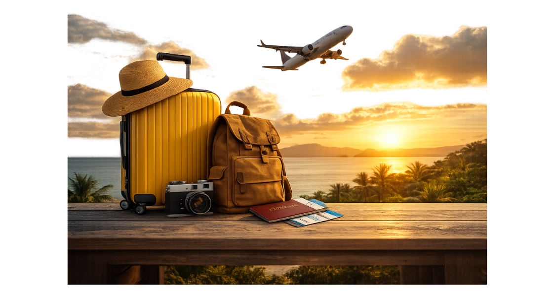 Luggage and travel gear at sunset