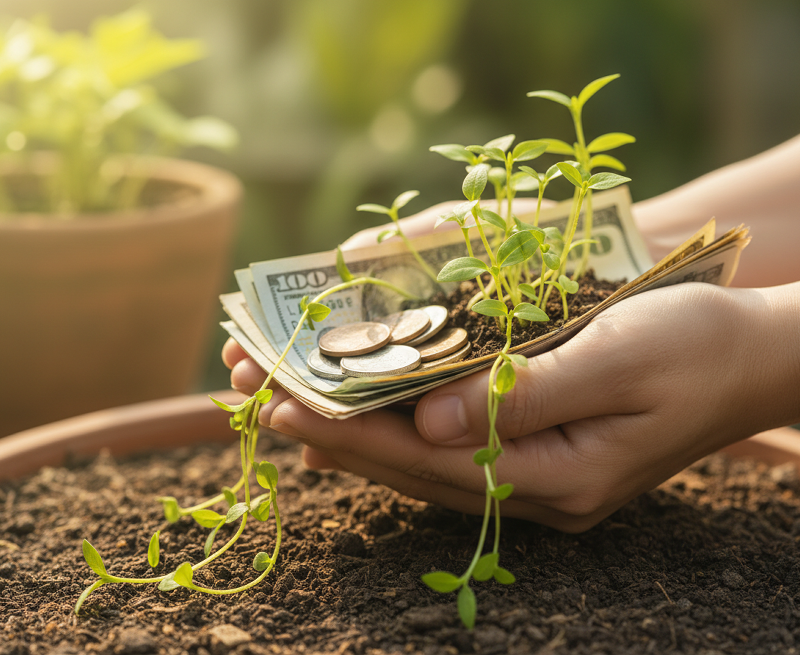 Hands holding a growing plant in coins