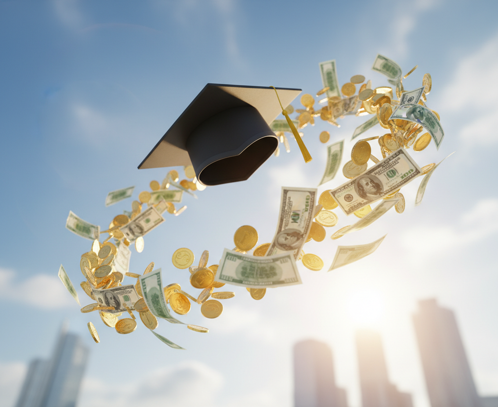 Graduation cap and gold coins