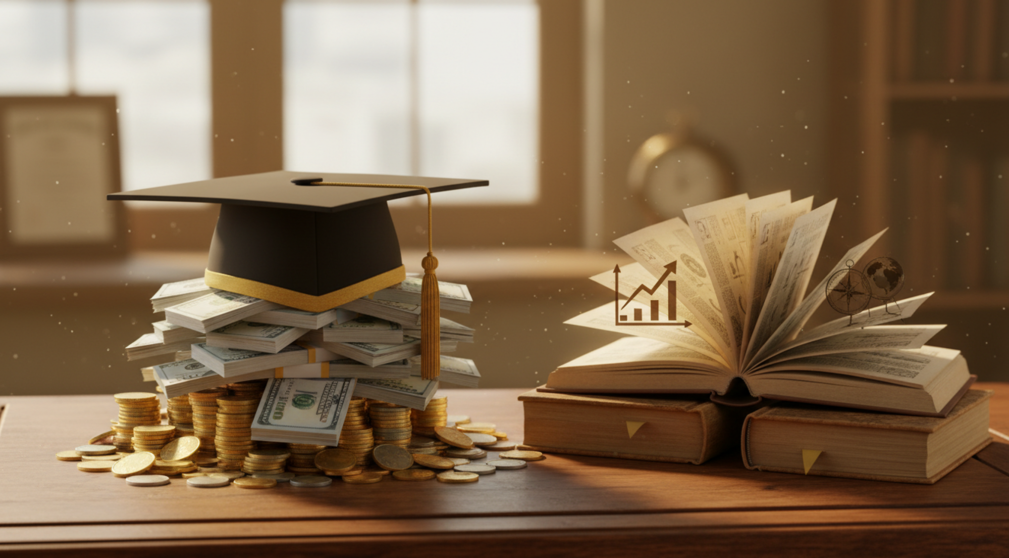 Graduation cap on books and coins